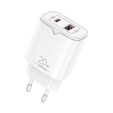 Vipfan E08 omrežni polnilnik, USB + USB-C, 20W PD + QC 3.0 (bela)