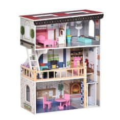 HOMCOM HOMCOM 3-nadstropna lesena hiša za lutke z dvigalom, lestvijo in 13 dodatki za otroke 3-6 let, 60x30x80cm, roza