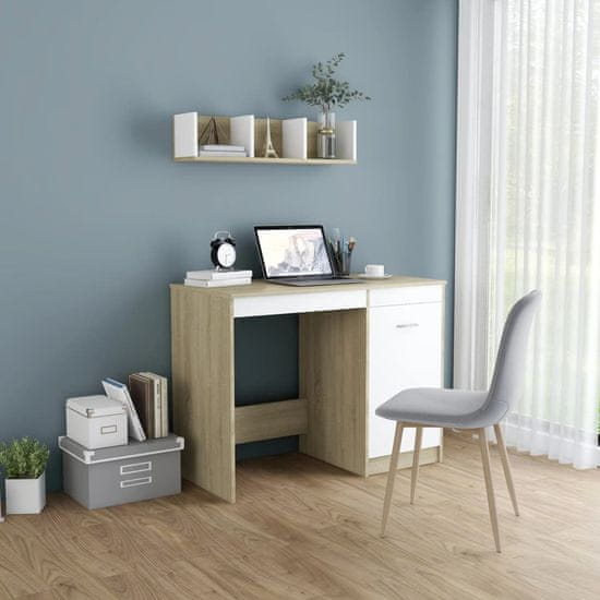 Vidaxl Pisalna miza bela in sonoma hrast 100x50x76 cm iverna plošča