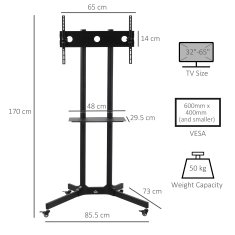 HOMCOM nosilec za TV s kolesi za 32- 65'' televizorje in VESA Največ 600x400 mm, nastavljiva višina in kot, črn