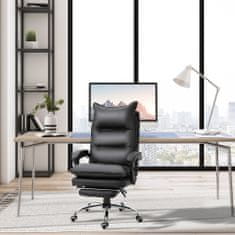 VINSETTO črn pisarniški stol iz usnja, nastavljiva višina s 155° nagibom naslona za hrbet in naslona za noge