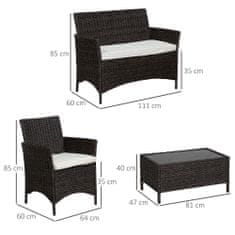OUTSUNNY Outsunny Zunanji vrtni salonski komplet 4 deli: 1 kavč/2 fotelja/1 kavna mizica, vrtni komplet iz ratana, črno-bela barva