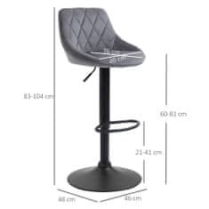 HOMCOM HOMCOM Komplet 2 barskih stolčkov, nastavljiva višina s kovinsko podlago in žametnim sedežem, moderni vrtljivi stolčki z naslonom in podnožjem, 46x48x83-104cm, siva in črna barva