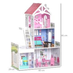 HOMCOM HOMCOM 3-nadstropna lesena hiša za lutke s stopnicami in dodatki, konstrukcija MDF, za otroke 3-6 let, 60x29x85cm, roza