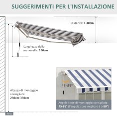 OUTSUNNY Outsunny Markiza za zunanjo uporabo ročna rolo markiza poliestrska tkanina 2,5 × 2 m modra in bela