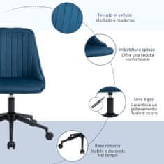 VINSETTO Modri žametni pisarniški stol z nastavljivo višino, 360° vrtljivim ergonomskim stolom in kolesi, 50x58x77-
85 cm