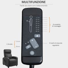 HOMCOM sprostitveni usnjeni masažni fotelj z osmimi načini in petimi intenzivnostmi, naslonjalo za roke in za noge, daljinski upravljalnik, siv
