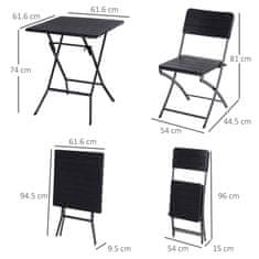 OUTSUNNY komplet 3 kosi vrtnega pohištva: 2 stola (54x44,5x81 cm) 1 miza (61,6x61,6x74 cm), zložljiva
in varčna s prostorom, črna