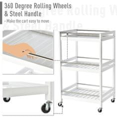 HOMCOM prostorsko varčen
kuhinjski voziček iz lesa in nerjavnega jekla, s 3 policami in 4 kolesi za 360°, bel, 45 x
38 x 78 cm