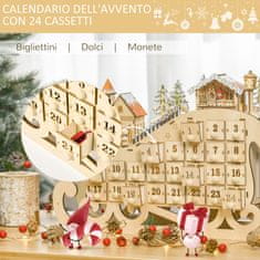 HOMCOM Leseni adventni koledar v obliki sani s 24 predali za polnjenje, okraski in lučkami LED, 45x10x31cm