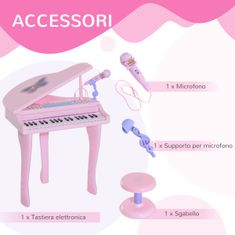 HOMCOM HOMCOM otroški klavir, električni glasbeni instrument s 37 osvetljenimi tipkami, mikrofonom in stolčkom, 48x39x69 cm, roza