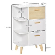 HOMCOM HOMCOM večnamenska omara s 3 odprtimi policami in predali, pohištvo iz belega lesa za dnevno sobo, kuhinjo, pisarno, 60x40x100 cm