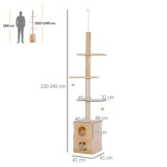 PAWHUT PawHut večnivojsko stropno drevo za praskanje 220-245cm mačja telovadnica z gredicami, platformami in vrvmi iz jute, rumena