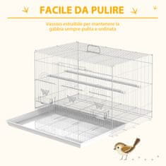 PAWHUT Kovinska kletka za ptice z gredicami in posodami za hrano,
voljera za kanarčke in
budgije 60x41x41cm, bela