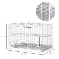 PAWHUT Kovinska kletka za ptice z gredicami in posodami za hrano,
voljera za kanarčke in
budgije 60x41x41cm, bela