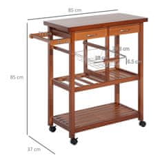 HOMCOM HOMCOM Leseni kuhinjski voziček z držalom za steklenice, košaro, 2 policama, 2 predaloma, iz borovega lesa, trpežen, enostaven, vsestranski, 84,5x37,2x85cm