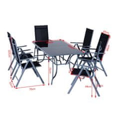 OUTSUNNY Outsunny Set vrtnega pohištva miza s 6 zložljivimi stoli nagibno naslonjalo 7 stopenj nerjaveča prašno lakirana struktura črno srebrna aluminijasta mreža steklo