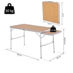OUTSUNNY zložljiva taborniška miza 5 kg, enostavna za prevoz, z odstranljivo ploščo 120 cm x 60 cm x 40/70 cm