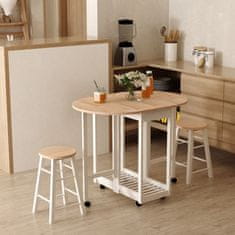 HOMCOM Komplet 3 kosov z zložljivo mizo in 2 stoloma, prostorsko varčen kuhinjski
voziček s 6 kolesi,
bel in lesen