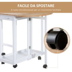 HOMCOM Komplet 3 kosov z zložljivo mizo in 2 stoloma, prostorsko varčen kuhinjski
voziček s 6 kolesi,
bel in lesen