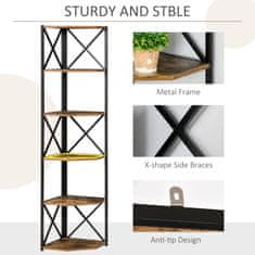 HOMCOM HOMCOM stenska vogalna knjižna omara, lesena in kovinska polica v industrijskem slogu s 5 policami, 39x39x175cm, rustikalno rjava