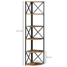 HOMCOM HOMCOM stenska vogalna knjižna omara, lesena in kovinska polica v industrijskem slogu s 5 policami, 39x39x175cm, rustikalno rjava