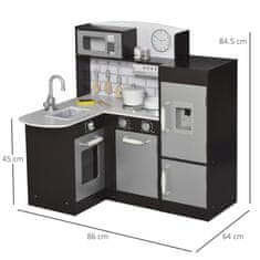 HOMCOM Lesena igrača kuhinja s 14 dodatki, pečico, umivalnikom, hladilnikom in mikrovalovno pečico, starost 3+ let, 86x64x84,5 cm, črna in srebrna