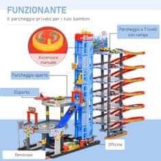 HOMCOM 7-stopenjska garaža za igrače s
klančinami, dvigalom in helikoptersko ploščadjo, vključno s helikopterjem in avtomobili, 92x46x71 cm,
Večbarvno