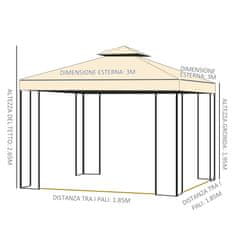 OUTSUNNY Outsunny Vrtni ali zunanji gazebo 3x3m z mrežo proti komarjem, jeklenim okvirjem in dvojnim nadstreškom, bež