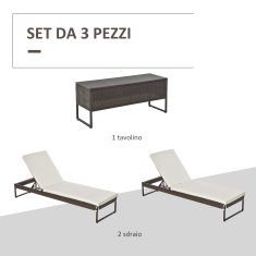 OUTSUNNY Outsunny 3delni modularni 2 ležalnika (60 x 195 x 86 cm) 1 stranska mizica (121 x 40 x 50 cm) iz ratana z rjavim in belim kremnim ležiščem