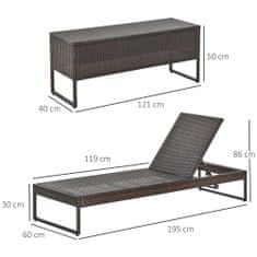 OUTSUNNY Outsunny 3delni modularni 2 ležalnika (60 x 195 x 86 cm) 1 stranska mizica (121 x 40 x 50 cm) iz ratana z rjavim in belim kremnim ležiščem
