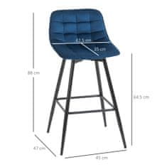 HOMCOM HOMCOM Komplet 2 barskih stolčkov z naslonom in podnožjem, oblazinjeni visoki stoli za dnevno sobo ali kuhinjo v nordijskem slogu, kovina in modri žamet, 45x47x88cm
