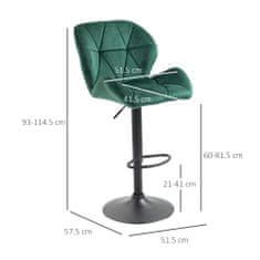 HOMCOM HOMCOM Komplet 2 barskih stolčkov, nastavljiva višina s kovinsko podlago in žametnim sedežem, sodobni stolčki z naslonom za hrbet in noge, 46x48x83-104 cm, zelena