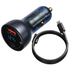 BASEUS Baseus Particular Digital Display avtomobilski polnilec z zaslonom, USB + USB-C, QC3.0+PD, 5A, 65W (siv) + USB-C 1m 100W kabel (črn)