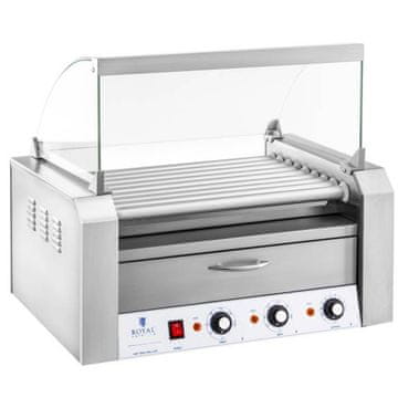 Royal Catering Roller grill z zaščitnim pokrovom in predalom za peko žemljic za 16 parov hrenovk HotDog 2200 W 230 V Royal Catering