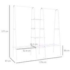 HOMCOM Stojalo za oblačila v predsobi in dnevni sobi s 4 policami, kovinska cev 176x47x177cm bela