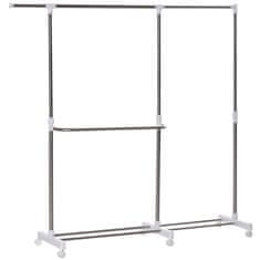 HOMCOM Raztegljivo stojalo za oblačila, 3 ravni, s stojalom za čevlje in kolesi, jeklo in PP, belo, 93-172x42x95- 162,5 cm