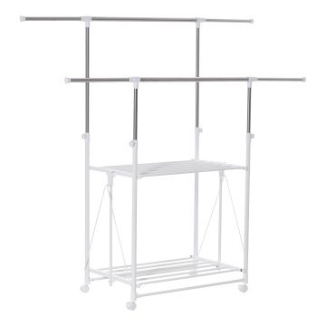 HOMCOM HOMCOM stojalo za oblačila in izvlečni obešalnik za oblačila, 2 polici, nastavljiva višina in kolesa, 88-157x50x95-160cm, belo