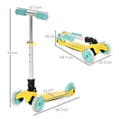 HOMCOM 3-kolesni zložljivi skiro z osvetlitvijo LED za otroke od 3 do 8 let, skiro z nastavljivim krmilom, rumen in Zelena