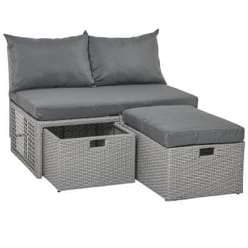 OUTSUNNY set vrtnega pohištva z 2- sedežnim kavčem, škatlo za shranjevanje in
prostorsko varčnim
peufom iz ratana z blazinami, siva