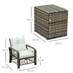 OUTSUNNY komplet 2 vrtnih foteljev in mizice za shranjevanje iz pe ratana in jekla, siva in bež barva zunanjega pohištva