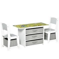 HOMCOM Garnitura mize in dveh stolov za otroke od 2 do 5 let s predali, mizo s strojno stezo in konstrukcijsko mizo, bela in siva