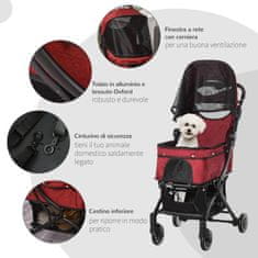 PAWHUT zložljiv voziček za majhne pse, mačke in druge hišne ljubljenčke z nastavljivo aluminijasto streho, rdeč, 80x53x101cm