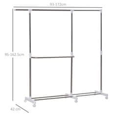 HOMCOM Raztegljivo stojalo za oblačila, 3 ravni, s stojalom za čevlje in kolesi, jeklo in PP, belo, 93-172x42x95- 162,5 cm