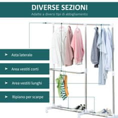 HOMCOM Raztegljivo stojalo za oblačila, 3 ravni, s stojalom za čevlje in kolesi, jeklo in PP, belo, 93-172x42x95- 162,5 cm
