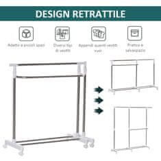 HOMCOM Raztegljivo stojalo za oblačila, 3 ravni, s stojalom za čevlje in kolesi, jeklo in PP, belo, 93-172x42x95- 162,5 cm