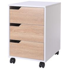 HOMCOM moderna komoda iz mdf s 3 predali in 4 kolesi, za pisarno ali kabinet, bela in lesena barva, 40x50x57,5
cm