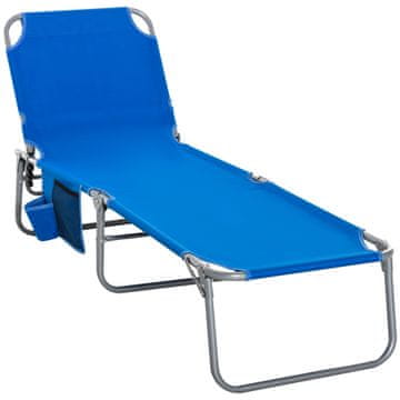 OUTSUNNY zložljiv ležalnik za
kampiranje 5 položajev za nagibanje in stranski žep, ležalnik iz jekla in tkanine oxford 58x193x35,5 cm,
modra barva