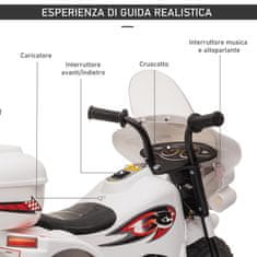 HOMCOM HOMCOM 6V električni motocikel za otroke od 18 do 36 mesecev, s tremi velikimi kolesi, lučkami in realističnimi zvoki, bel, 80x35x52cm