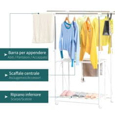 HOMCOM HOMCOM stojalo za oblačila in izvlečni obešalnik za oblačila, 2 polici, nastavljiva višina in kolesa, 88-157x50x95-160cm, belo